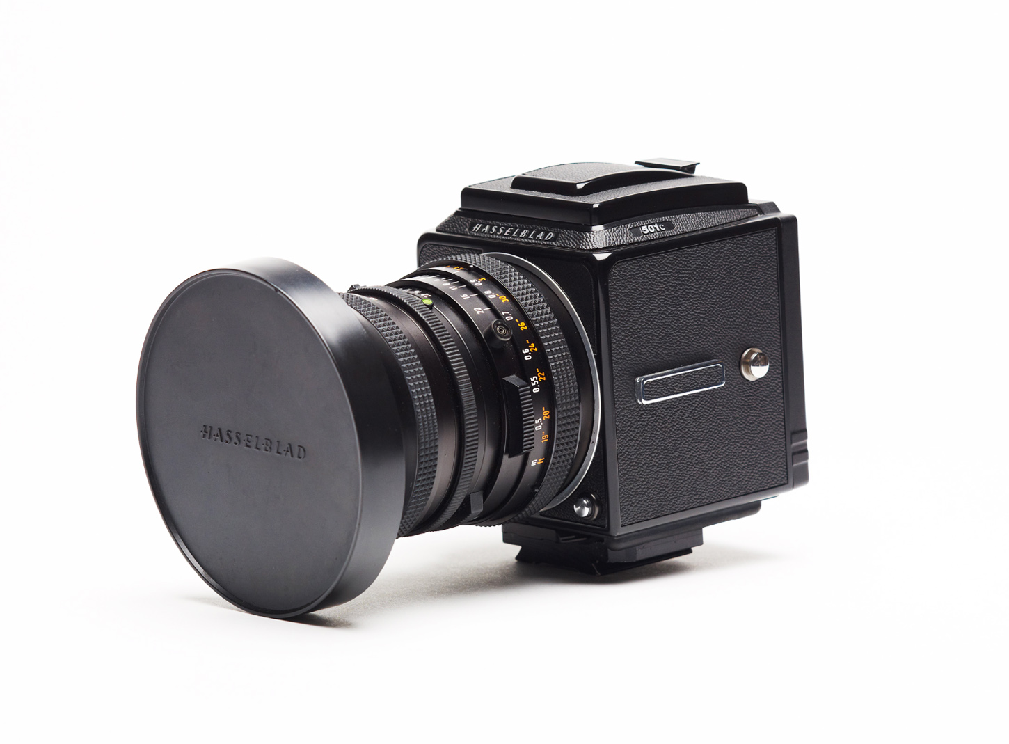 A Hasselblad 501C medium format camera, photographed on a light table