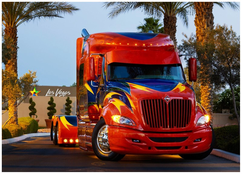 A multi-colored Navistar International ProStar decorates a golf club in Las Vegas.