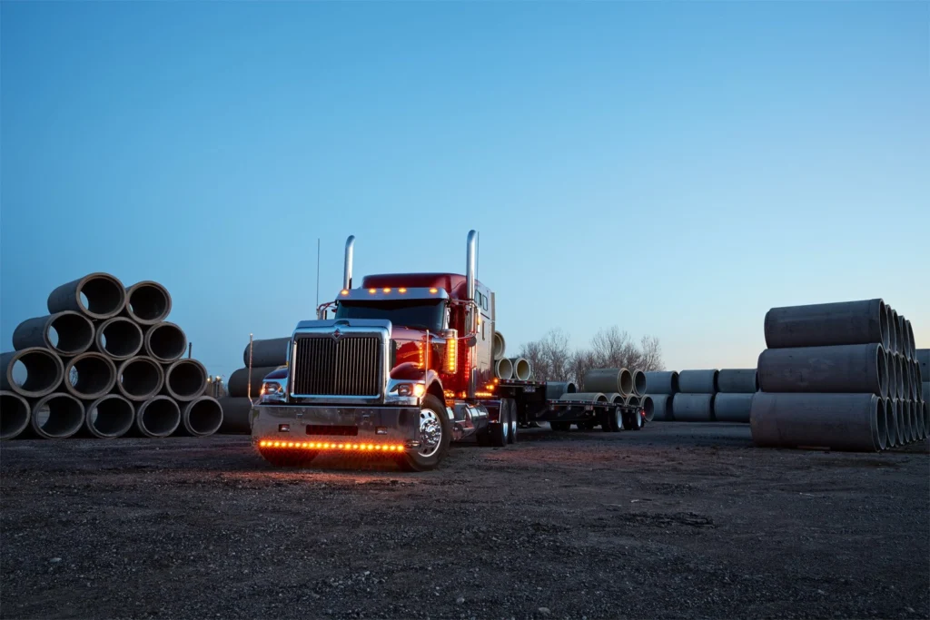 Dawn at the tile yard: A Navistar International Eagle 9900 waits to load.