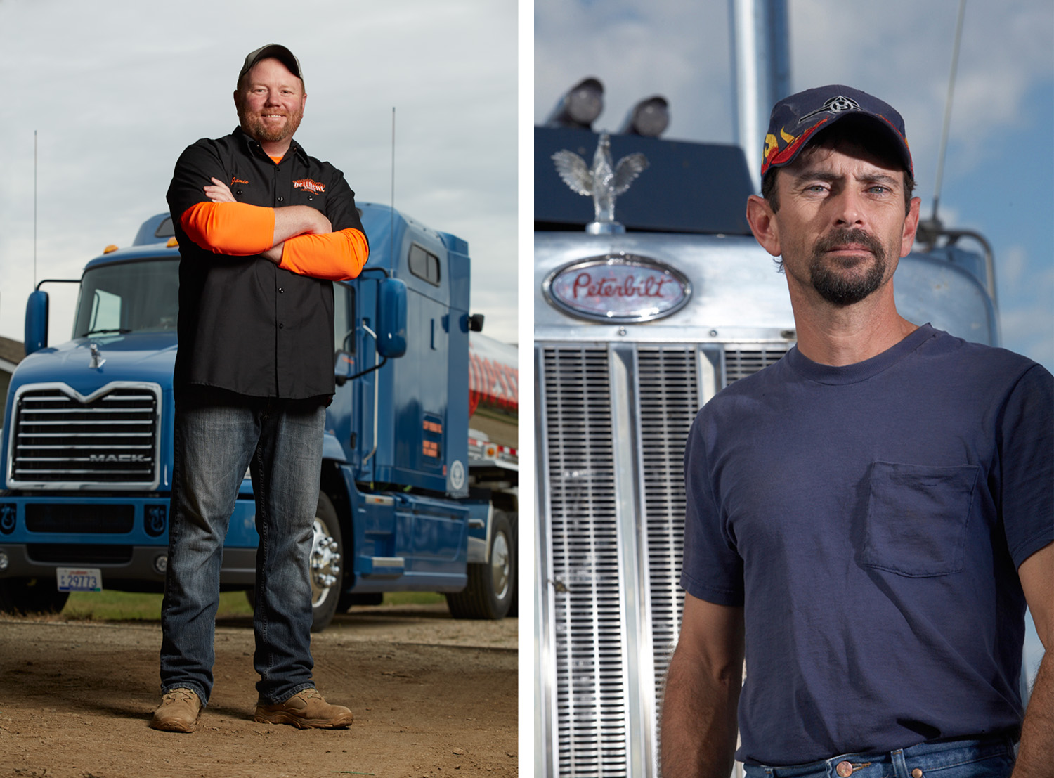 Brand loyal truckers pose with their trucks.