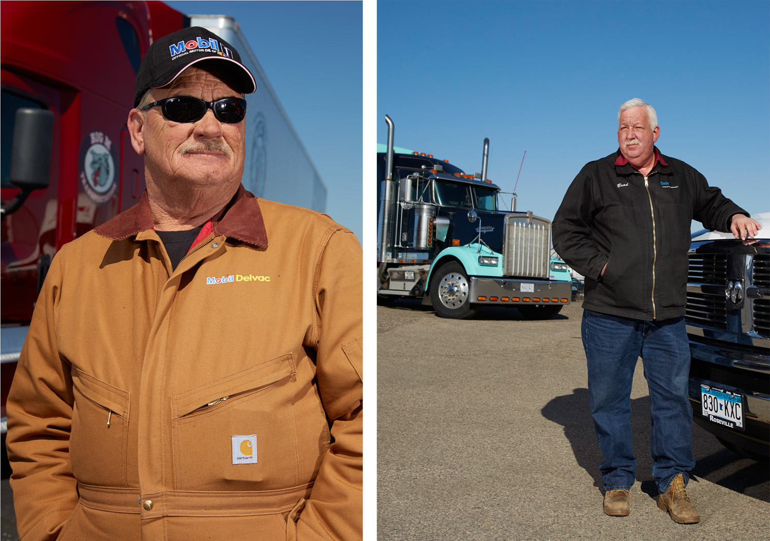 A pair of truckers pose for portraits with their trucks in the background