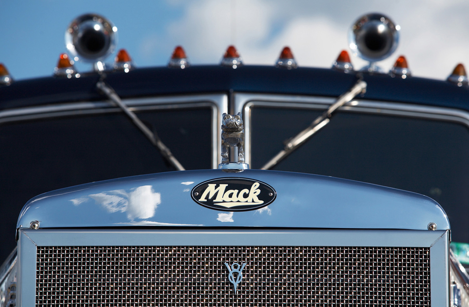 The nose of a historic and restored Mack truck