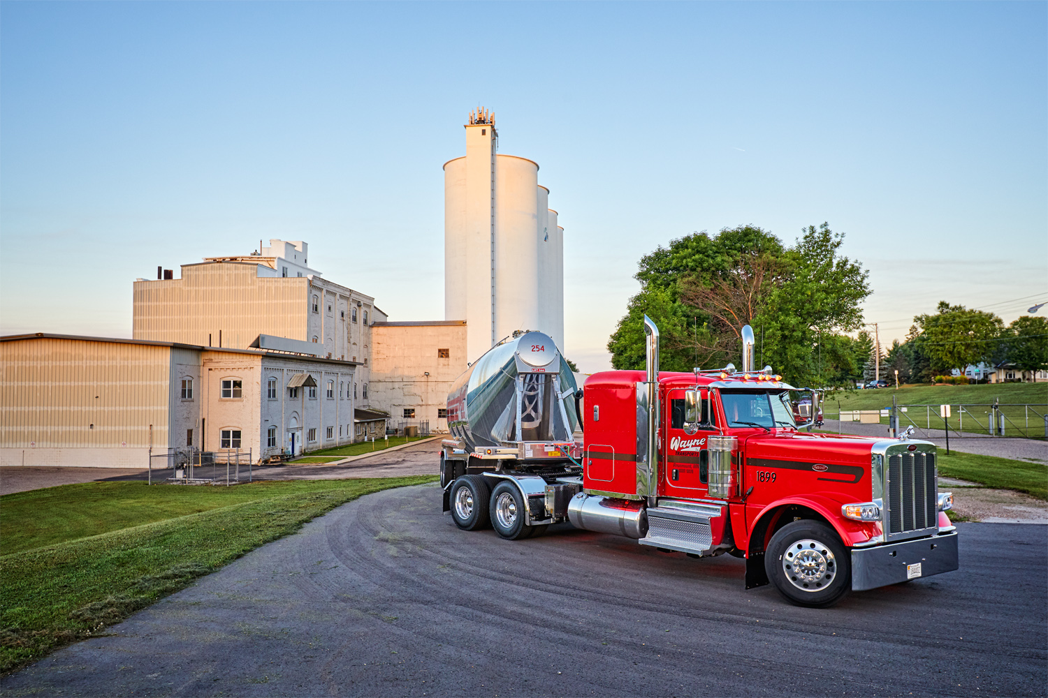 A Peterbilt Model 389 and tank trailer parked outside a shipper in Minnesota.