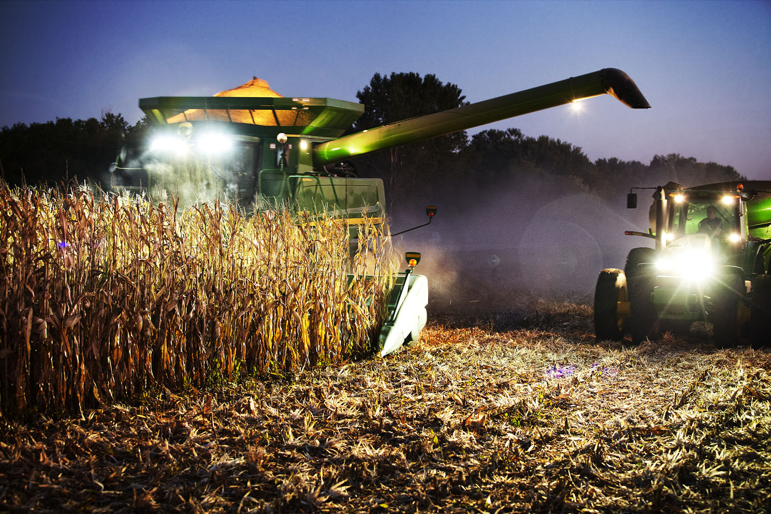 Harvesting corn by the lights of machinery.